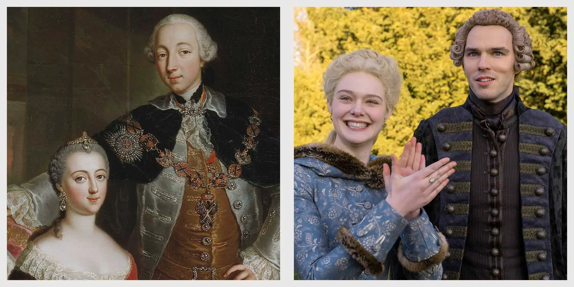 Vľavo: Ruský cár Peter III. a jeho manželka Katarína Veľká. Na obrázku vpravo sú ich filmové verzie.
