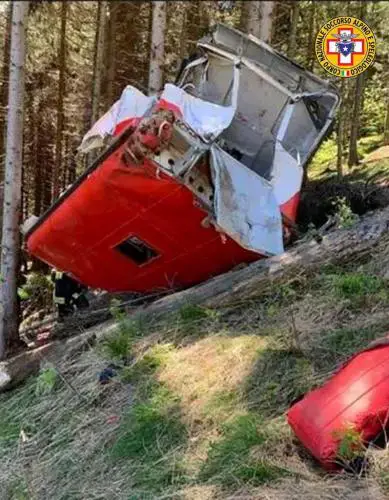 A crashed cable car is seen after it collapsed in Stresa, near Lake Maggiore